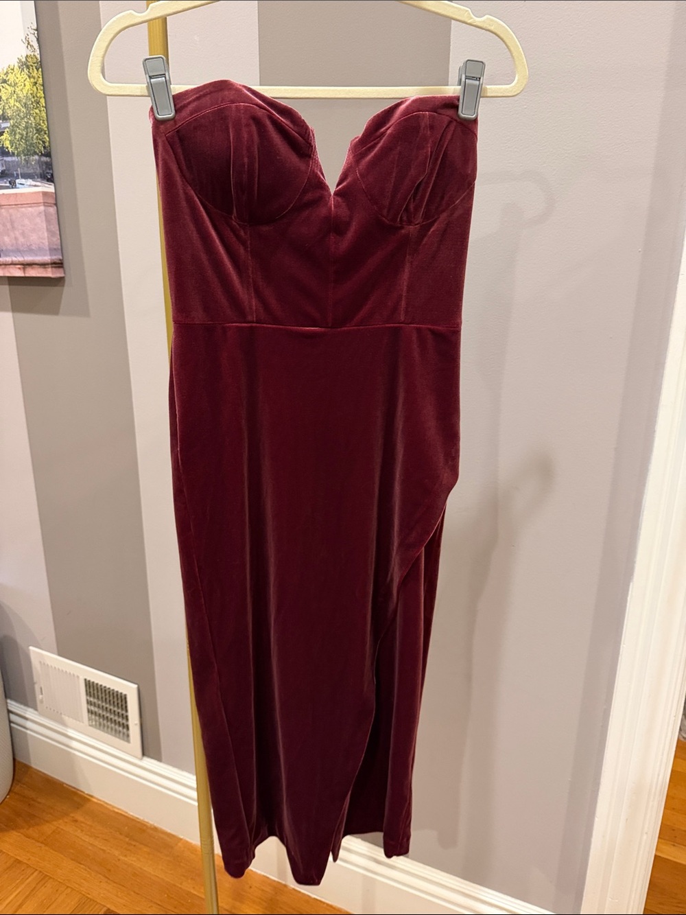Yumi Kim Strapless Burgundy Velvet Midi Dress